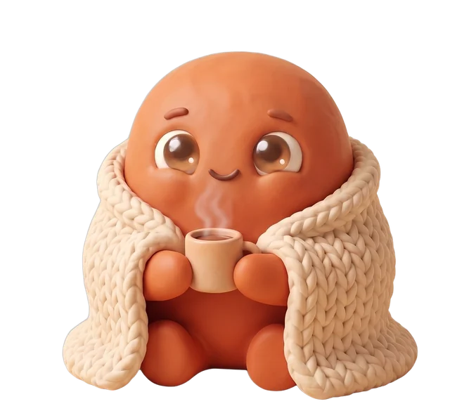 lil c, a small clay guy in a knitted blanket, holding a mug